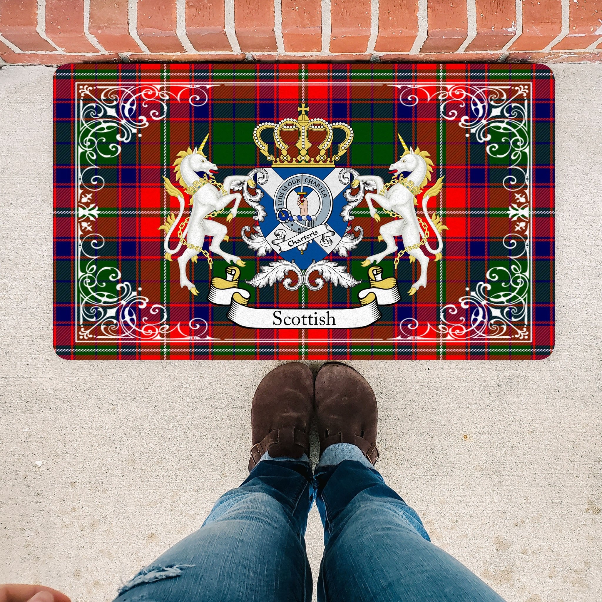 Scotstee Shop Tartan Door Mat Charteris Clan Badge Tartan Scottish Plaid Doormat, Christmas Door Mat