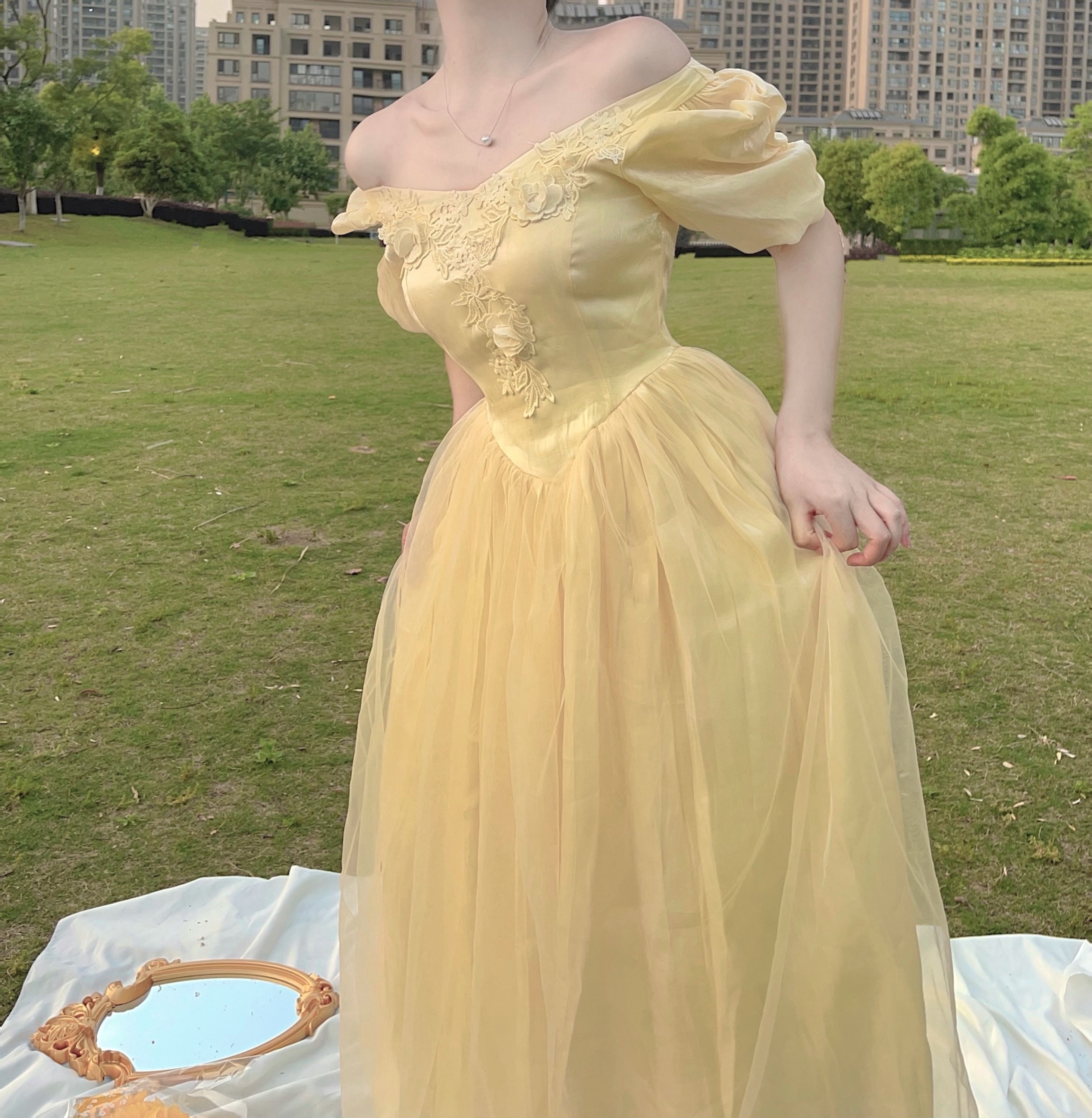 2022 Formal Polka Dot Dress Women Elegant Party Luxury Yellow Robe Femme Longue Mesh Princess belle Dress Gown alx