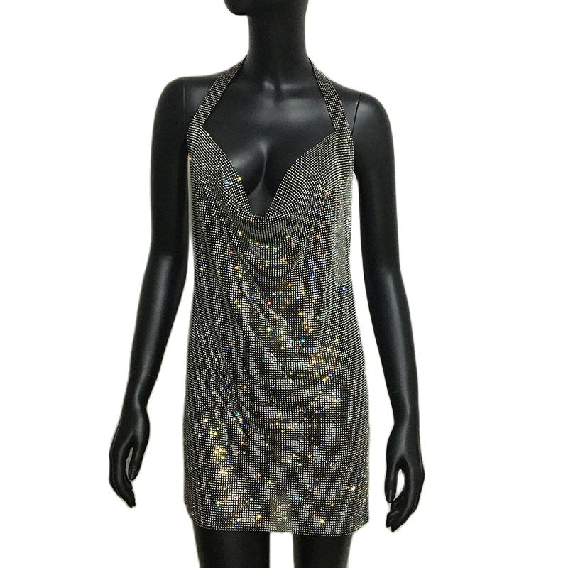 2022 NEW Sexy Deep V Neck Crystal Dress Women Luxury Rhinestone Halter Dance Party Diamante Backless Split Mini Dresses alx