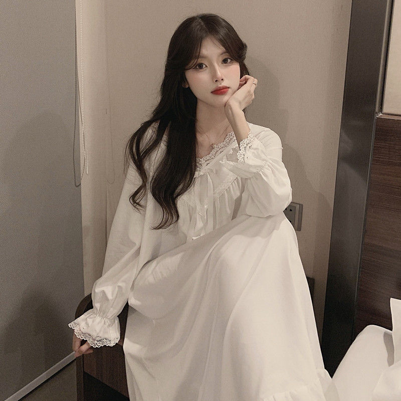 Women Midi Nightgowns Sweet Tender V-neck Lace French Style Vintage Fairy Vestidos Long Flare Sleeve Mid-calf Sleepwear Ruffles alx