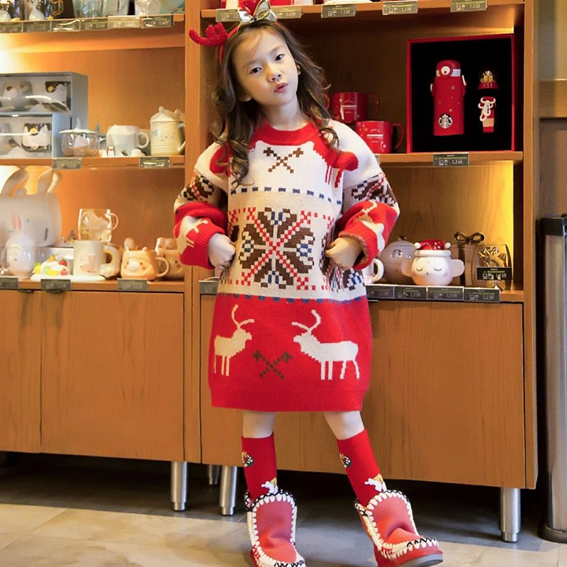 Autumn Winter New Girls Christmas Sweater Mid-length Teens Fashion Xmas Elk Knitted Sweater Loose Kids New Year Clothes 2-12Y alx