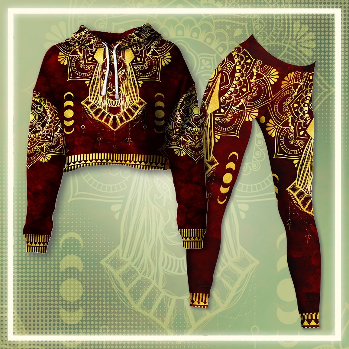 Anubis Pattern In Red Cropped Hoodie & Leggings Set