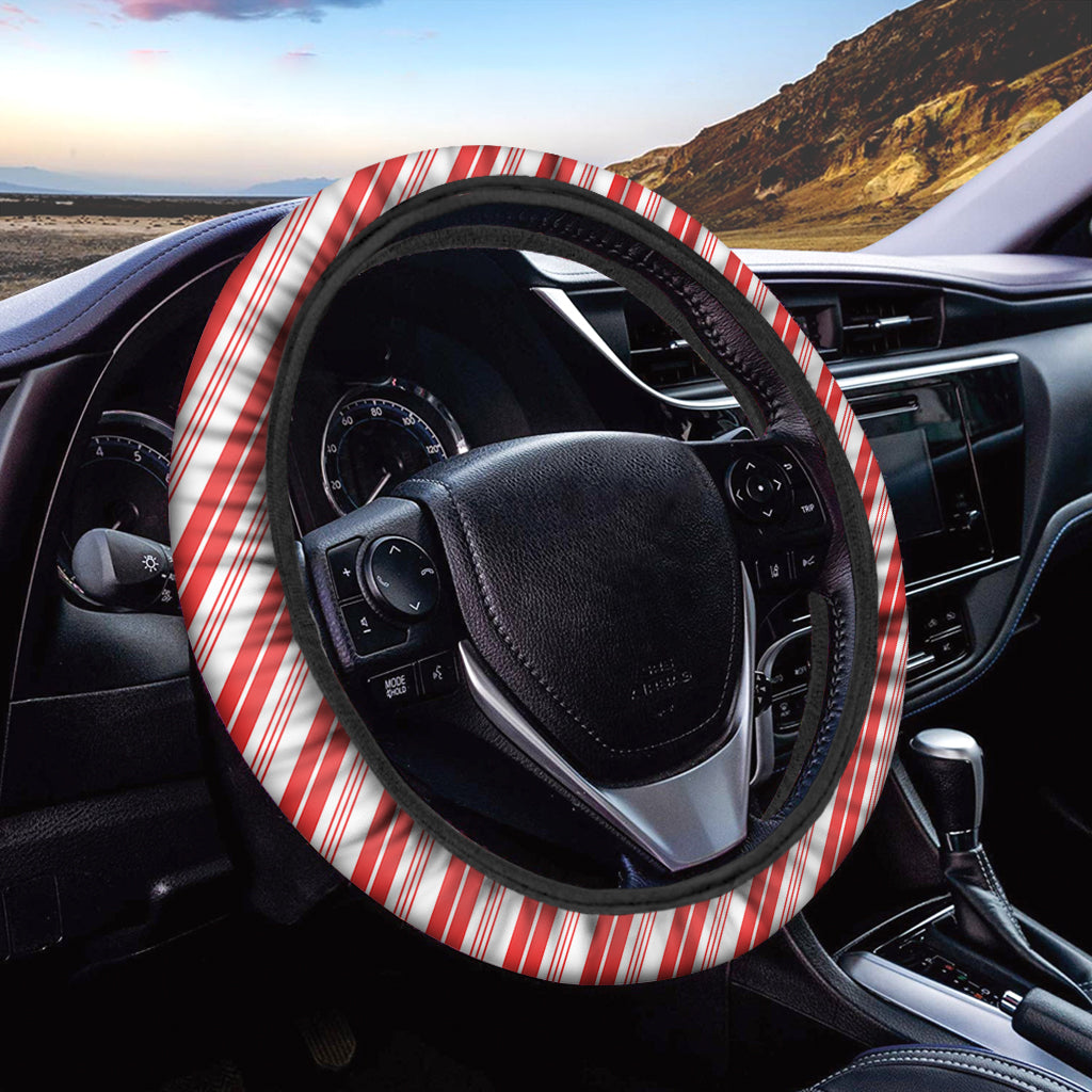 Red And White Candy Cane Stripe Print Car Steering Wheel Cover