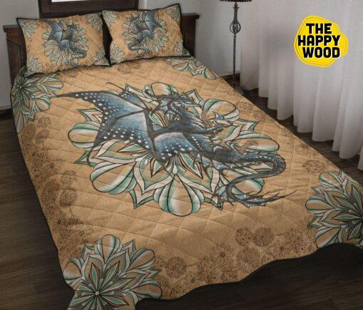 Dragon Flower Kraft Style Quilt Bed Set And Pillow Covers