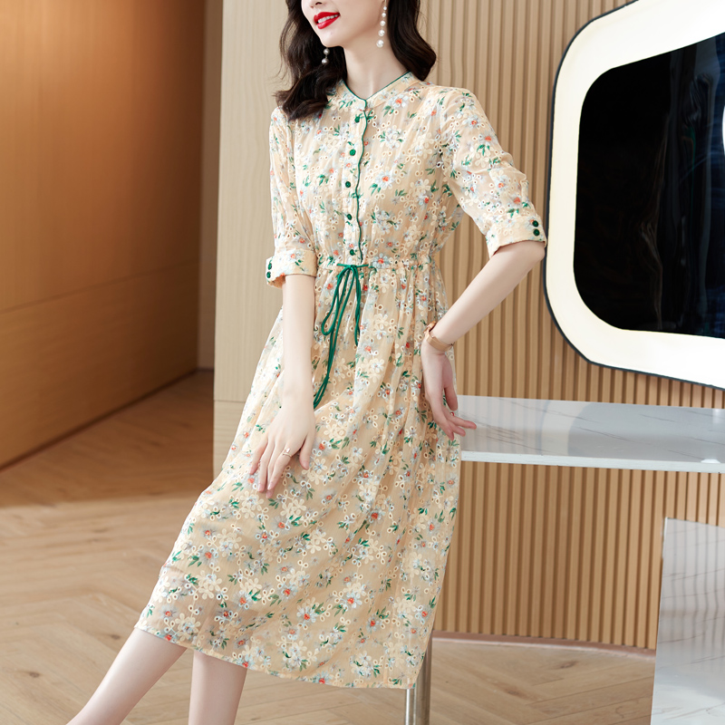 Stand Collar Embroidered Embroidered Dress 2022 Summer New Loose Fashion Silk Dress Casual Elegant Party Holiday Dress Vestidos alx