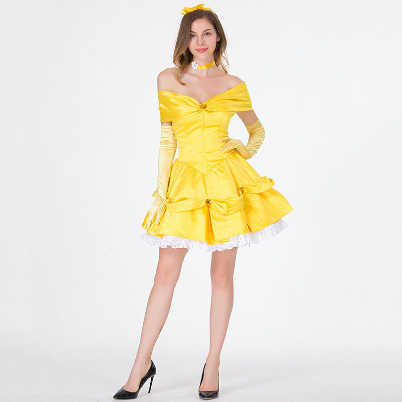 Yellow Adult Fairy Tail Cosplay Costume Women Halloween Costumes Sexy Beauty And The Beast Belle Princess Dress For Role Playing alx