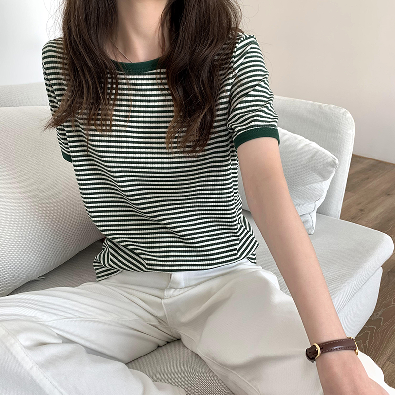 Vintage Japan O Neck Short Sleeve Striped Tshirts Women Summer Contrast Tops Clothing Fashion Wild Tees Cotton Y2k Shirt alx