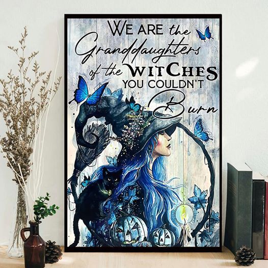 Witch butterfliess blue black cats halloween pumpkin animals we are the granddayghters burn  Home Living Room Wall Decor Vertical Poster Canvas G95