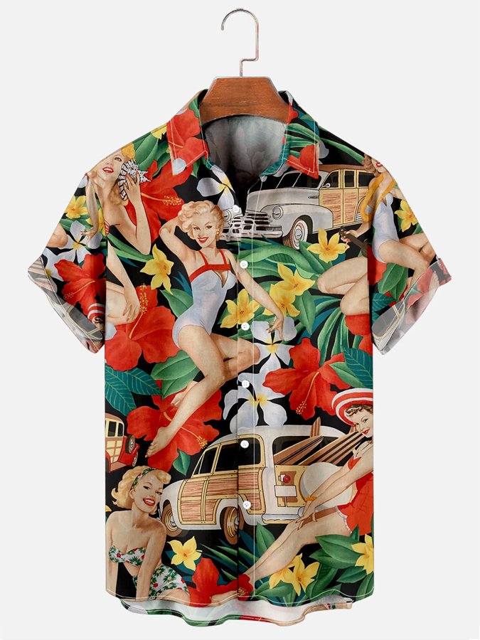 Mens Retro Hawaii Shirts Floral Girls Print Casual Short Sleeve Hawaii Ha17599