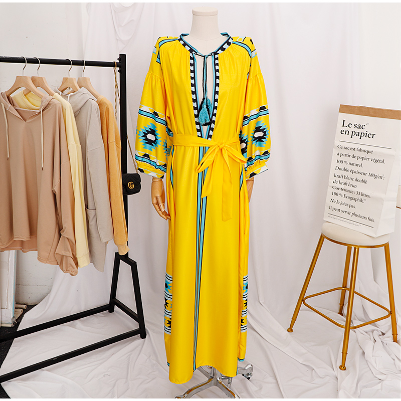 Spring Tribal Print Women Long Dresses V-Neck Puff Sleeve Tassel Vacation Ladies Dress 2021 Autumn Casual Loose Female Clothes alx