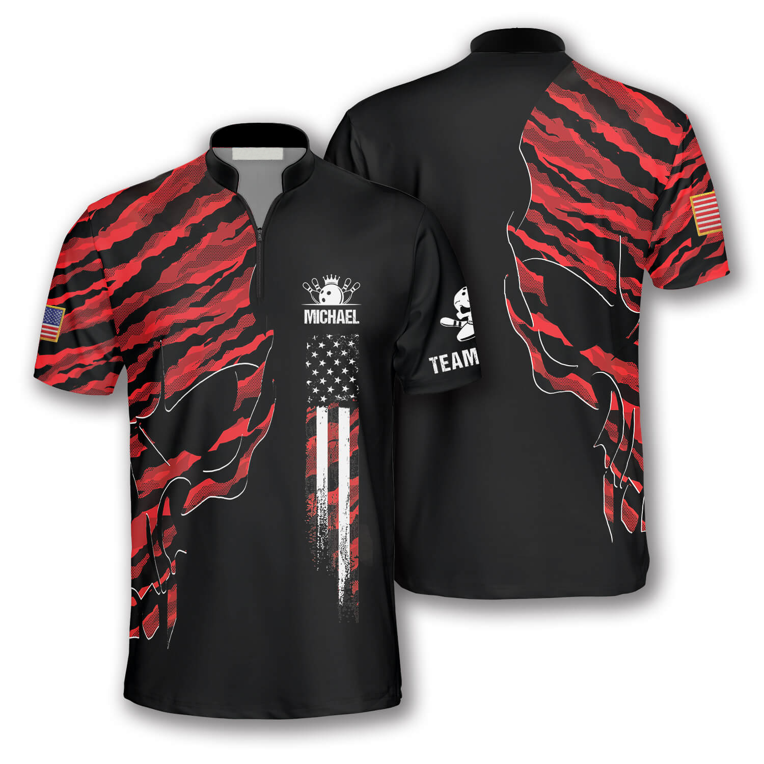 Skull Red Camouflage Custom Bowling Jerseys For Men, 3D All Over Print Bowling Shirt, Skull Shirt