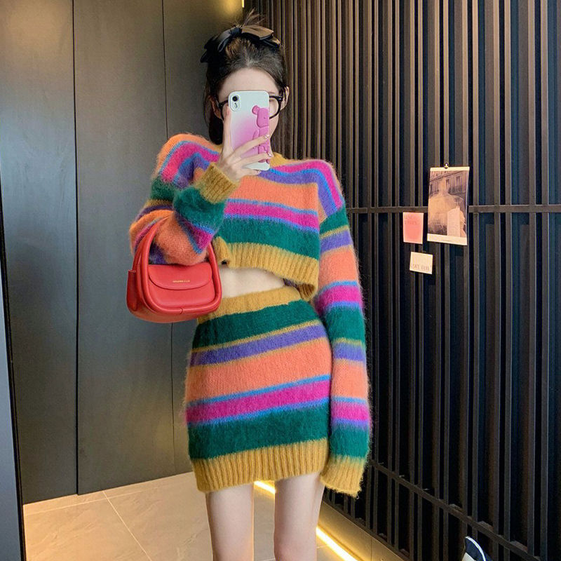 Vintage Cropped Rainbow Sweater Knitted Tops Wrap Hip Striped Skirts Short Two Piece Sets Korean Vintage Chic alx