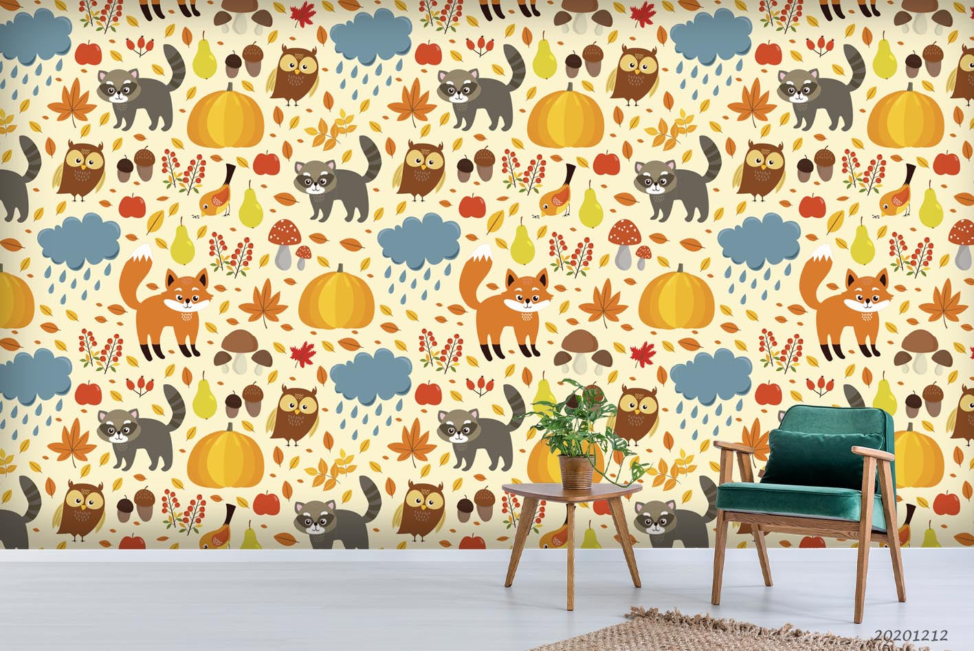 3D Cartoon Raccoon Fox Animal Pumpkin Plant Pattern Wall Mural Wallpaper Lxl