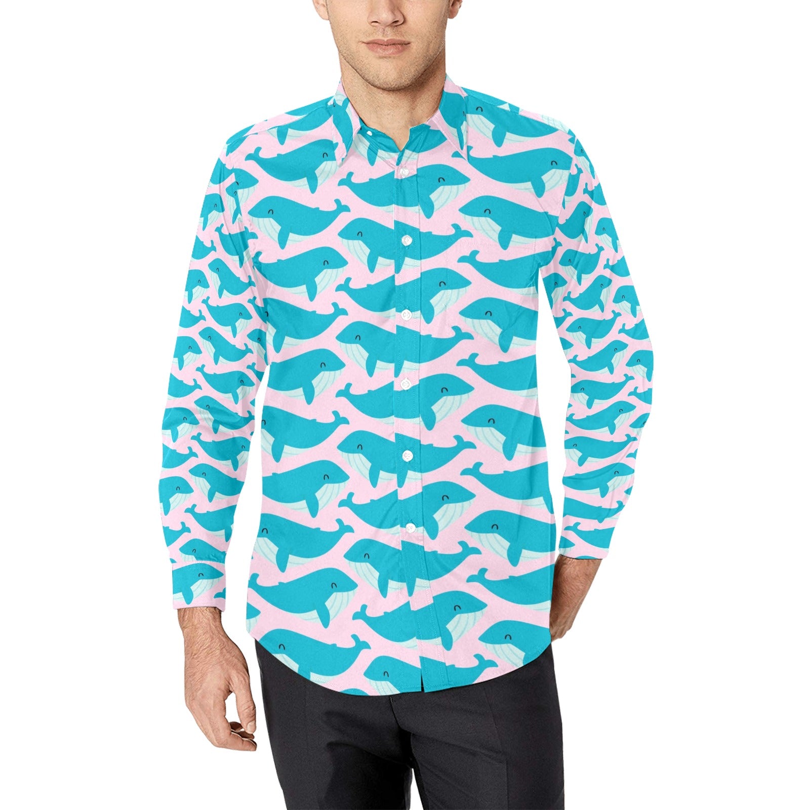 Whale Print Design Lks302 Long Sleeve Dress Shirt