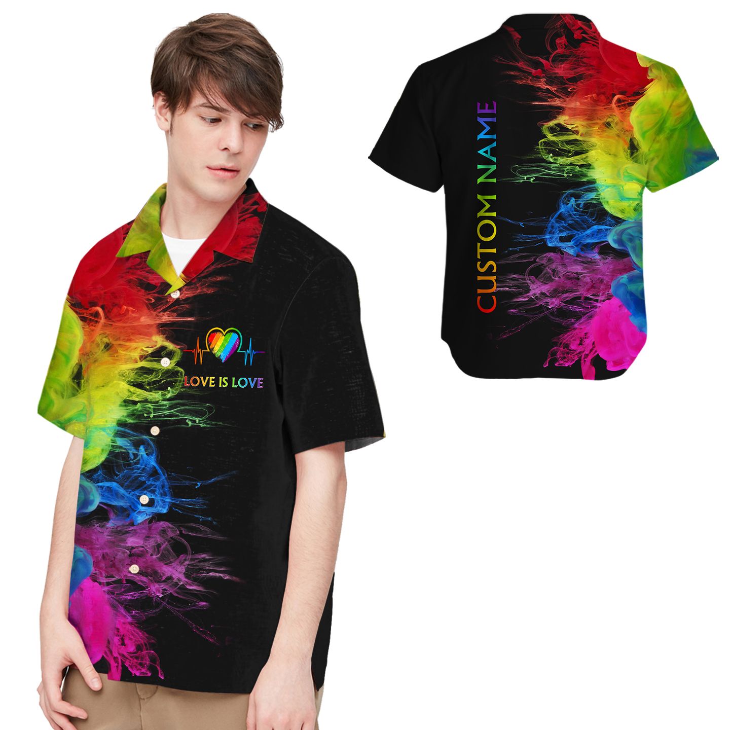 Love Is Rainbow Heartbeats Custom Name Men Hawaii Shirt For Lgbt Community Ha97852