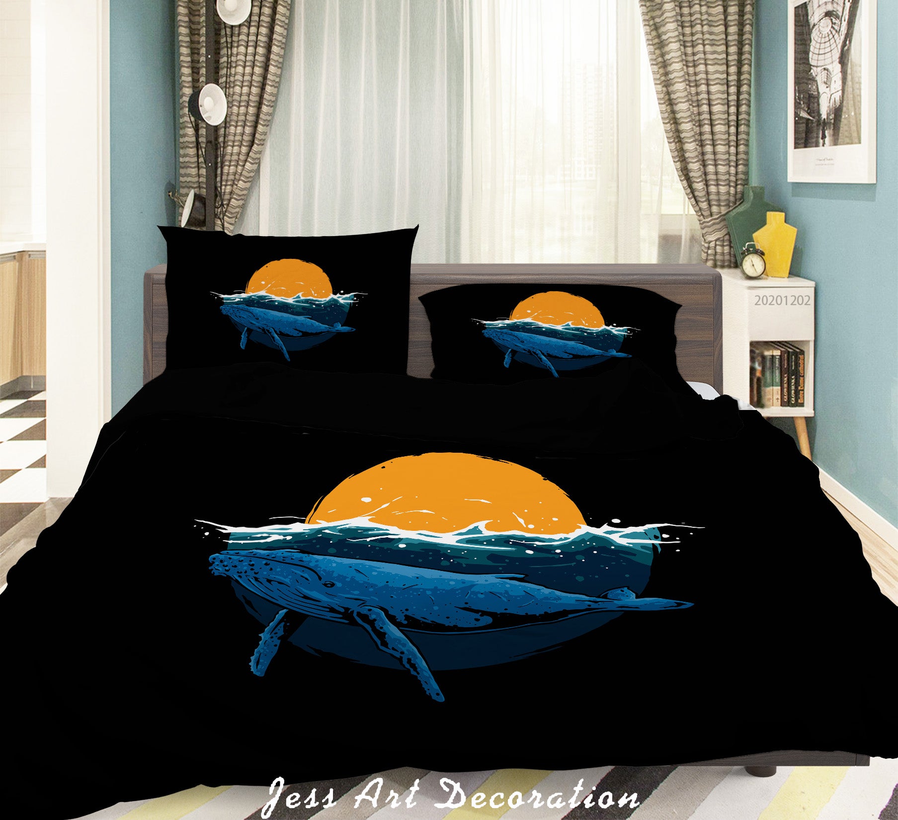 3D Hand Drawn Yellow Full Moon Ocean Blue Whale Quilt Cover Set Bedding Set Duvet Cover Pillowcases Lxl