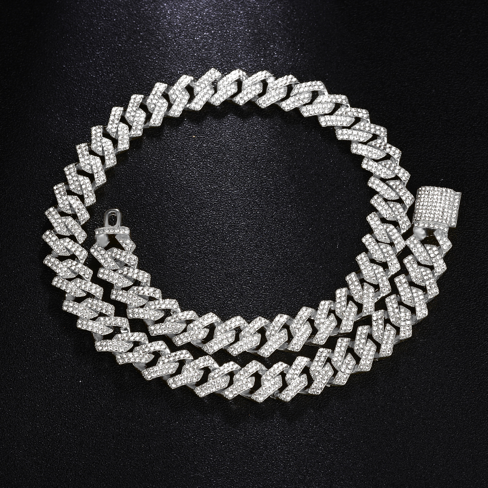 15MM Men Hip Hop Prong Cuban Link Chain Necklace Bling Iced Out 2 Row Rhinestone Paved Miami Rhombus Cuban Necklaces Jewelry alx