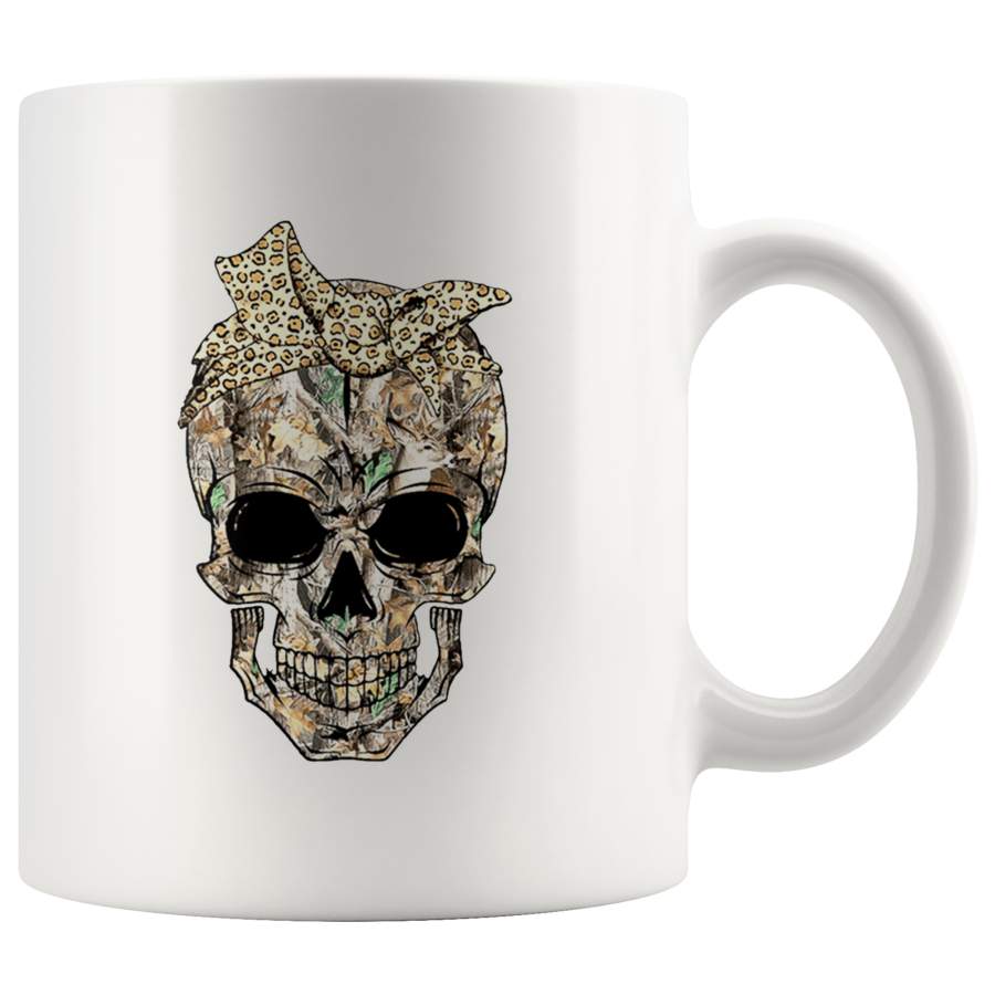 Deer Hunting Camouflage Skull With Leopard Bandana White Coffee Mug