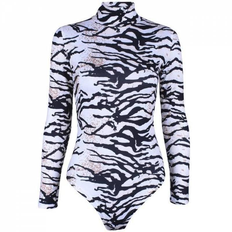 Winter Zebra Print Bodysuit Women Retro Animal Print Jumpsuit Turtleneck Long Sleeve Bodysuits Body Mujer 2019