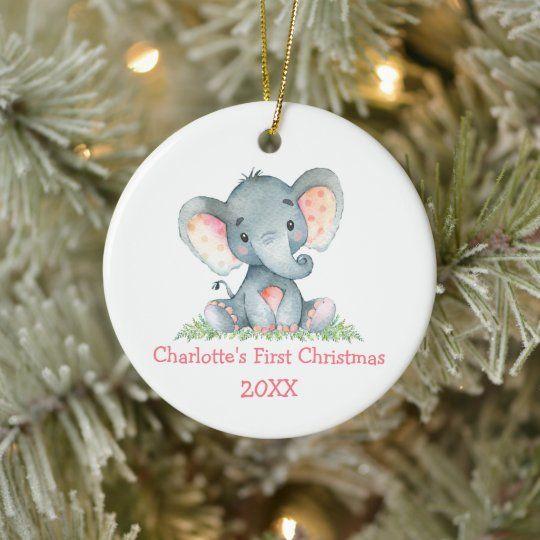 Personalized Ornament Baby First Christmas Watercolor Pink Elephant Customized Circle Ornament