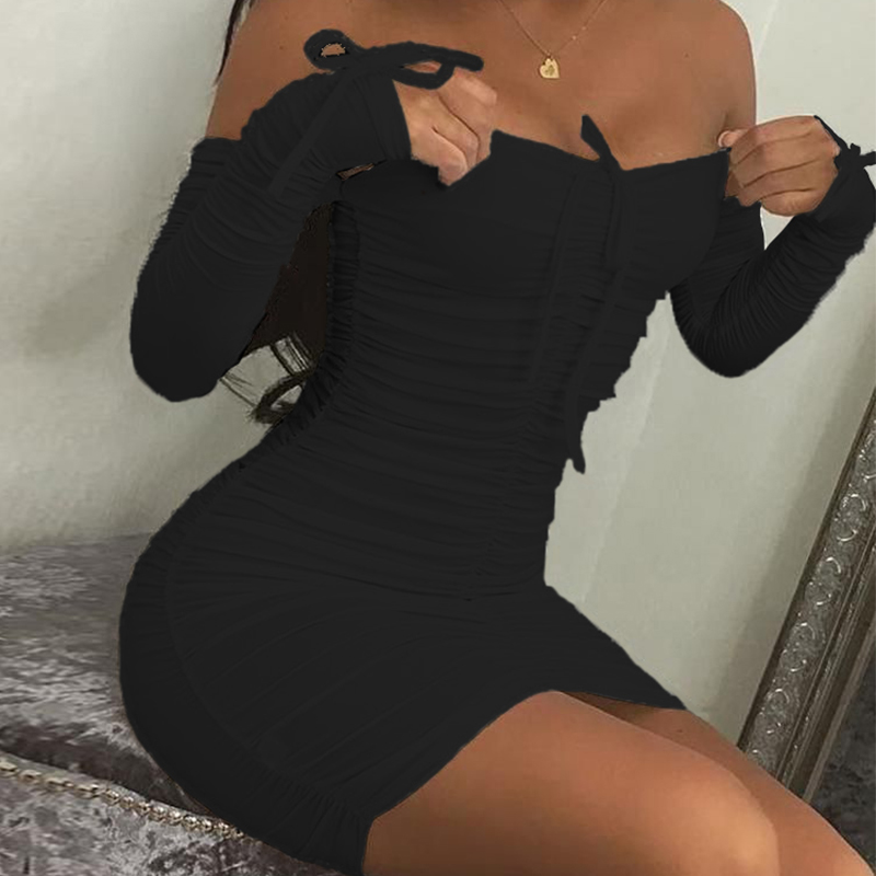 2021 Spring Summer Fashion Solid Party Sexy Slim Dresses Women Elegant Long Sleeve Ruched Club Dress Mini Tight Strapless alx