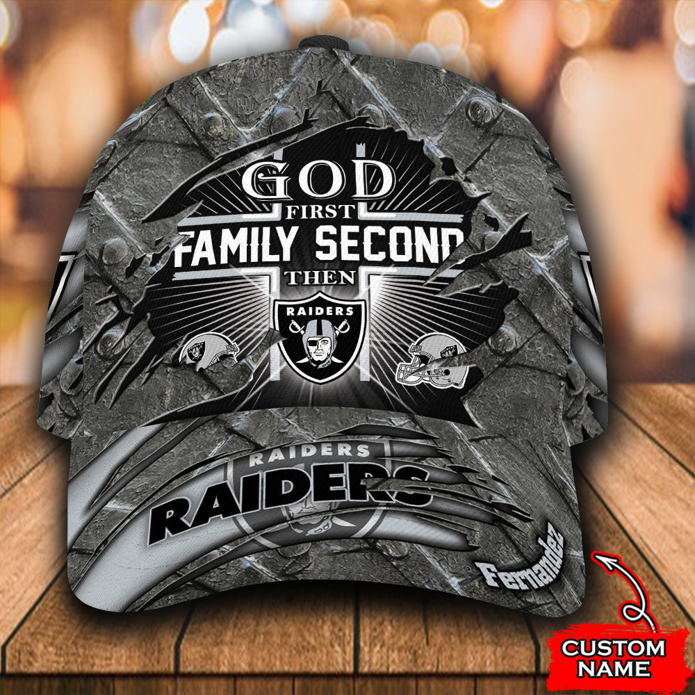 Personalized God First Family Second Then Las Vegas Raiders All Over Print 3D Baseball Cap