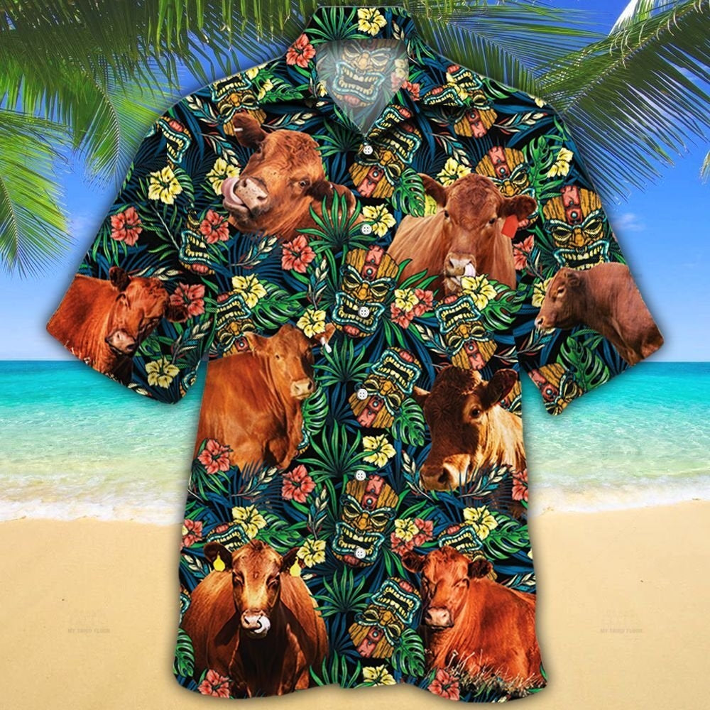 Red Angus Cattle Lovers Tribal Tiki Mask Hawaii Shirt Ha24194