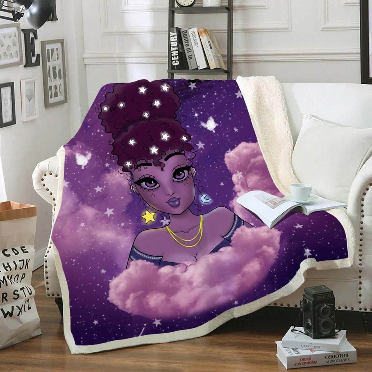 Melanin Natural Afro Princess Purple Lovely Moon Star Afro Girl Fleece Blanket – Blanket, Fleece Child, Blanket Sofa Bed