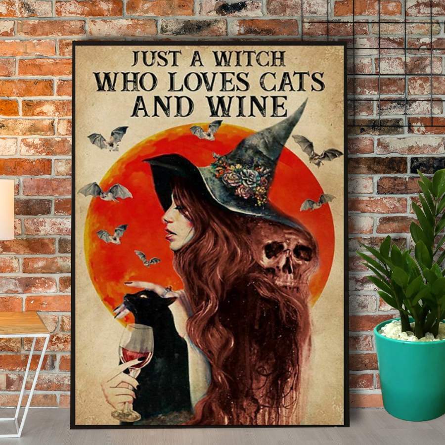 Retro just a witch who loves cats and wine Halloween paper poster no frame/ wrapped canvas wall decor full size