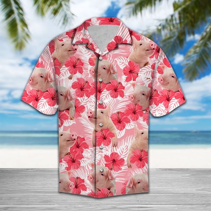 Tropical Flowers Hibiscus Pig Hawaiian Shirt Summer Button Up For Men, Women, Couple