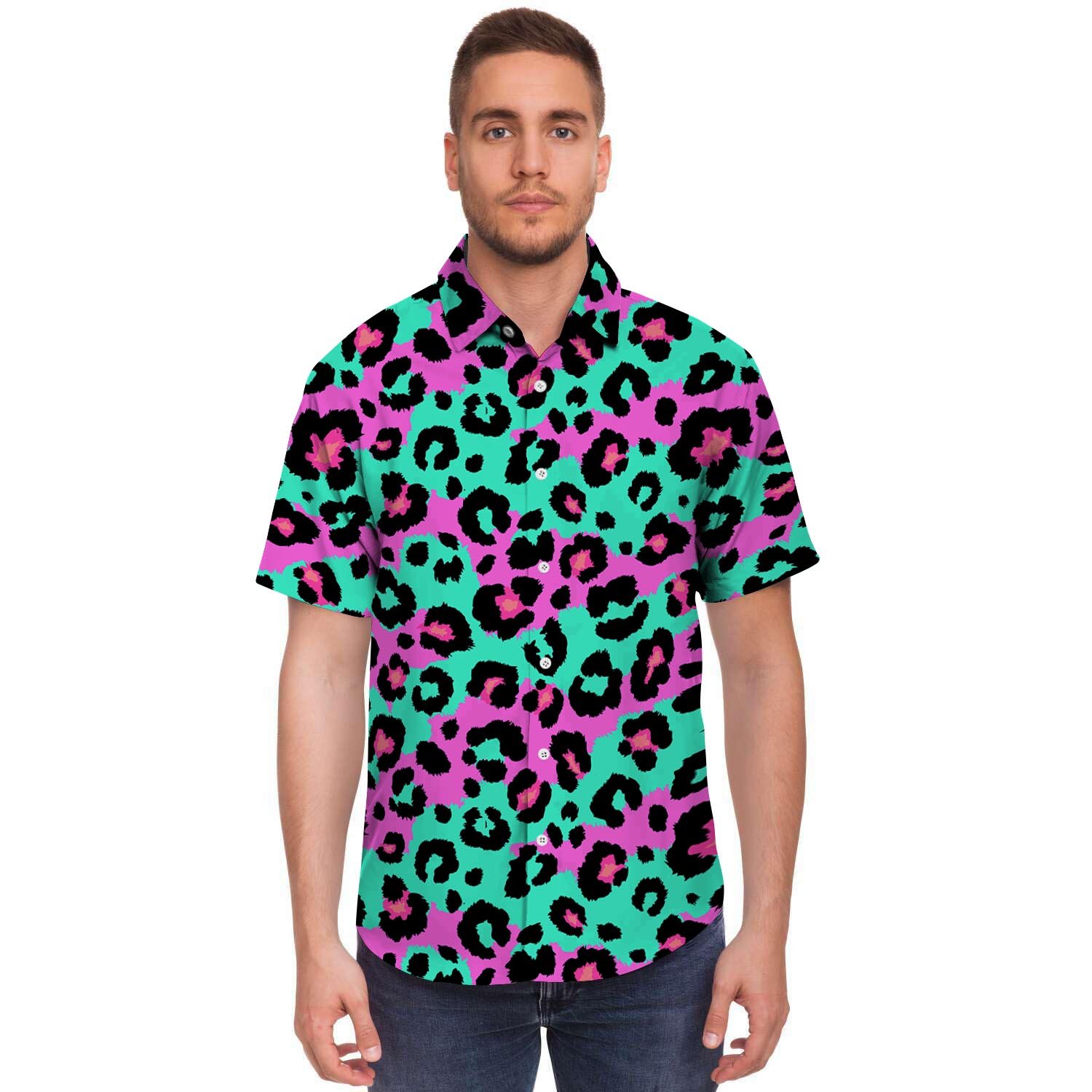 Teal Pink Leopard Men’S Short Sleeve Shirt