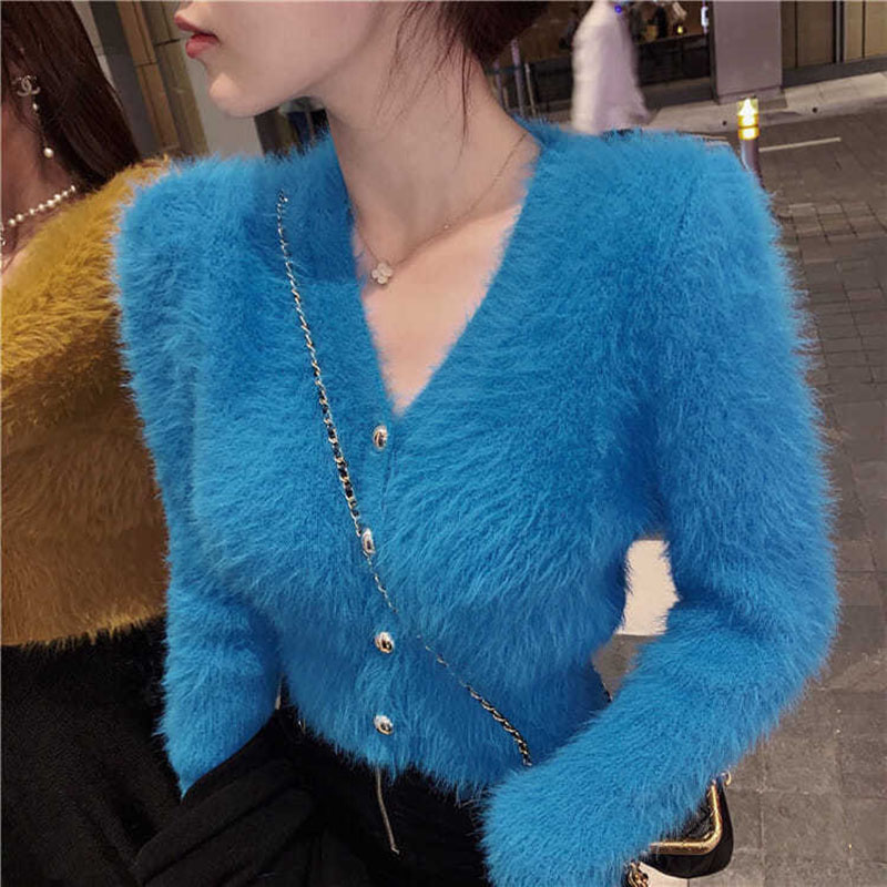 Soft Fashion Mink Cashmere Sweater Women Sexy Slim V Neck Single Breasted Short Cardigan Elegant Fleece Long Sleeve Crop Tops alx