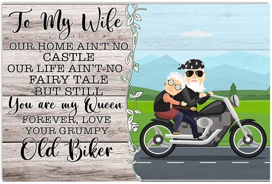 Vintage Husband Biker To My Wife – Our Home Ain’T No Castle Love You Poster Art Print      Home Decor Gift For Men Women Family Friend On Birthday Xmas