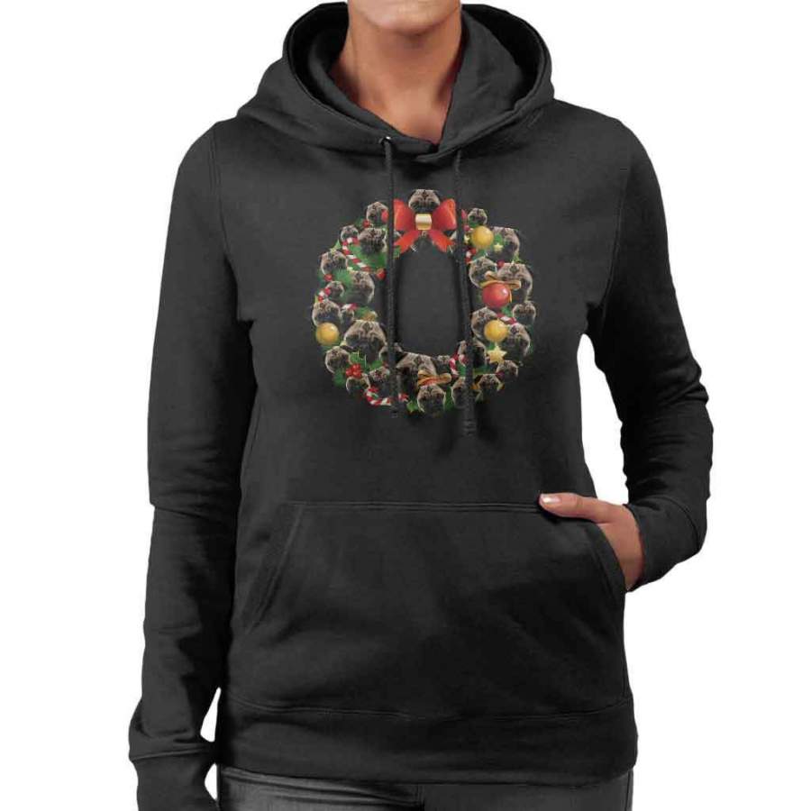 Christmas Pug Multi Wreath Women’s Hooded Sweatshirt