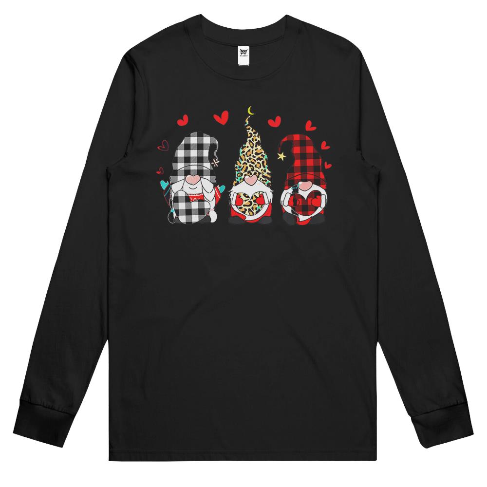 Womens Three Gnomes Holding Hearts Valentines Day Leopard Red Plaid Long Sleeve T Shirts