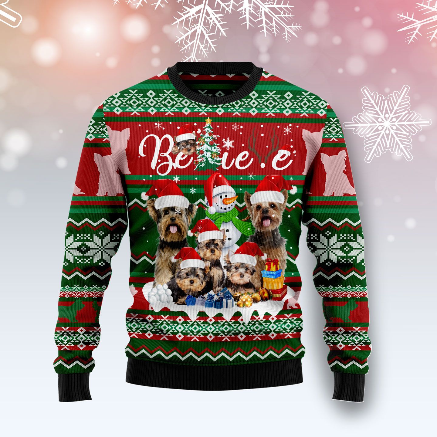 Yorkshire Terrier Believe Christmas Sweater, Ugly Christmas Sweater For Dog Lovers