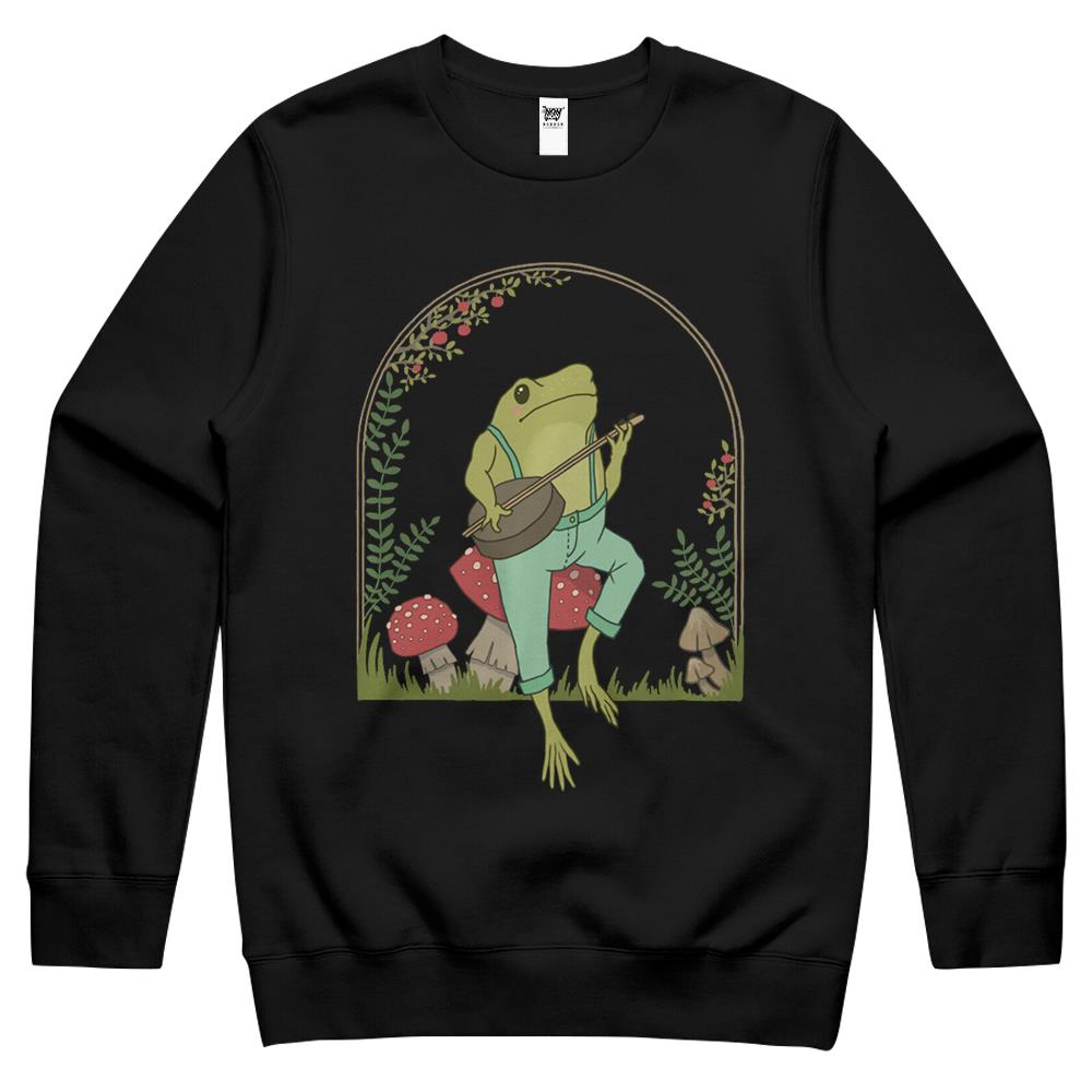 Cottagecore Aesthetic Frog Playing Banjo On Mushroom Cute Crewneck Sweatshirt