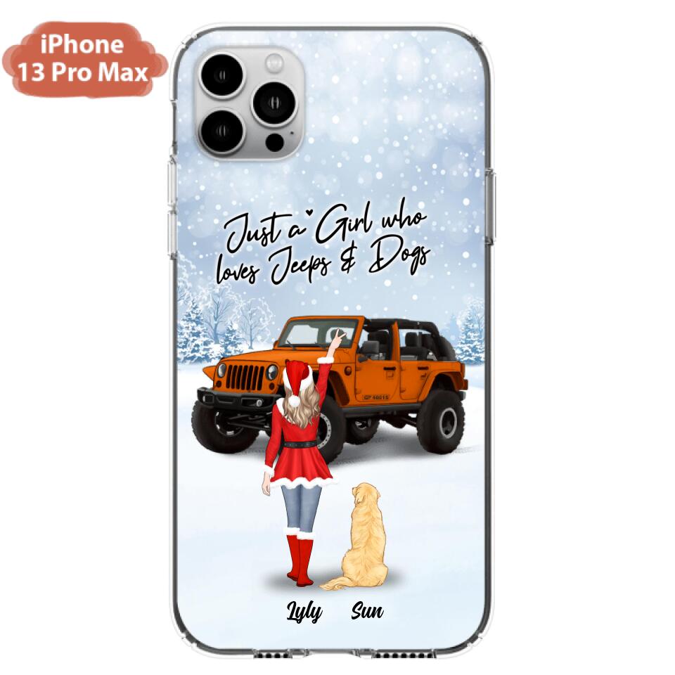 Custom Personalized Christmas Jeep Girl Phone Case – Girl With Upto 4 Pets – Christmas Gift For Dog/ Cat Lover – Just A Girl Who Loves Jeeps And Dogs – Case For Iphone And Samsung