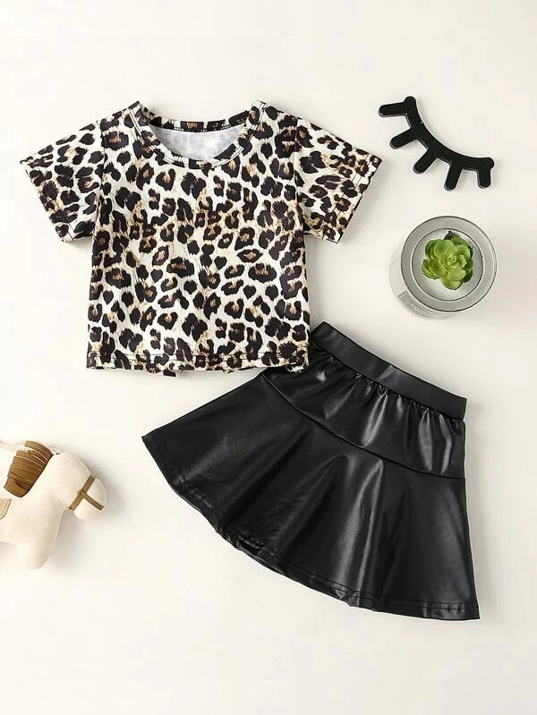 Toddler Girls Leopard Print Knot Back Tee & Flare Skirt