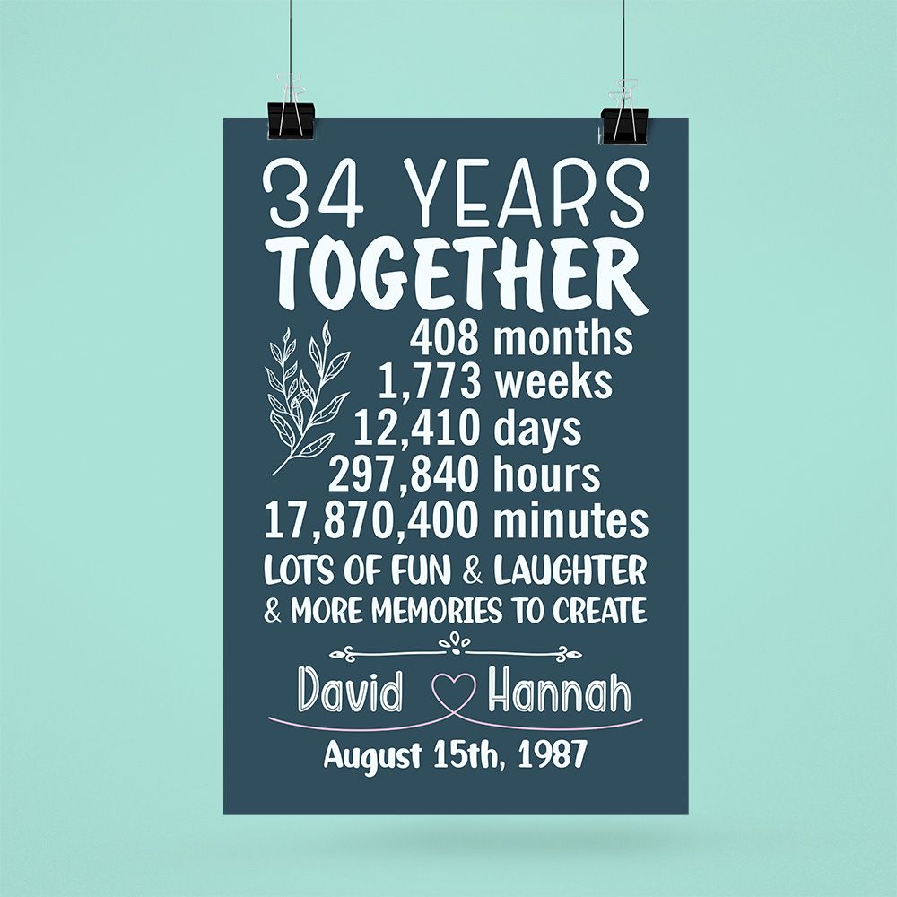 Personalized Name & Date 34Th Wedding Anniversary Gifts Poster For Couple, Parents, Wife & Husband, Him, Her
