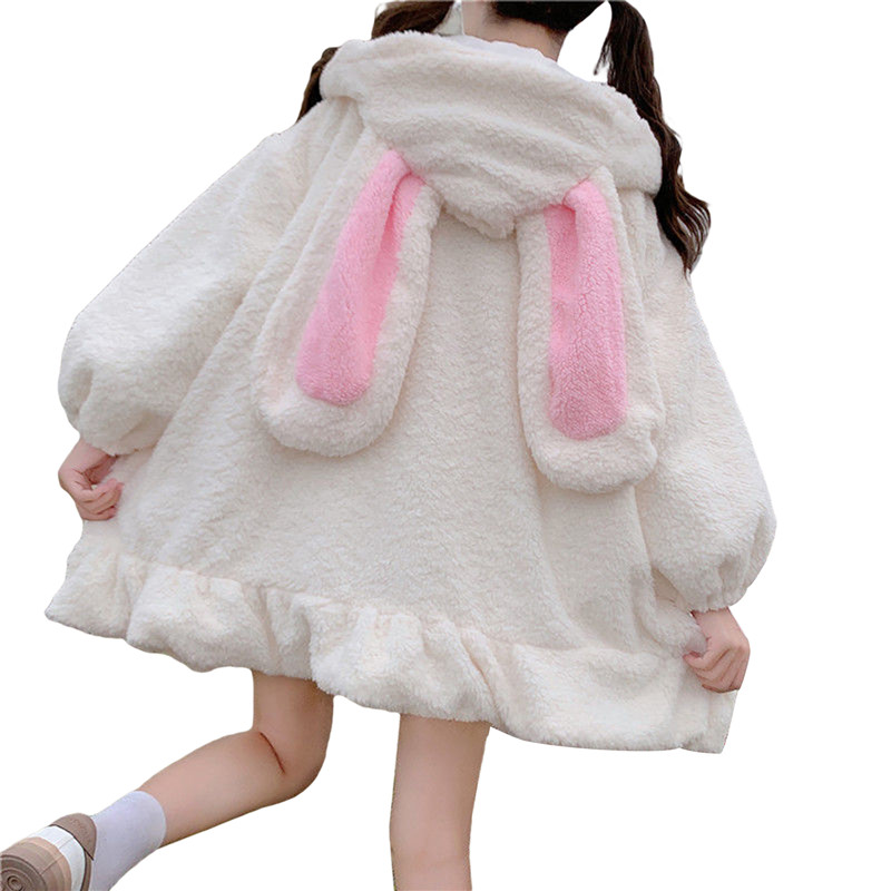 Women Fashion Cute Bunny Ear Hoodie Coats Adults Fuzzy Fluffy Long Sleeve Sweatshirt with/without Pom Poms Ponchos alx