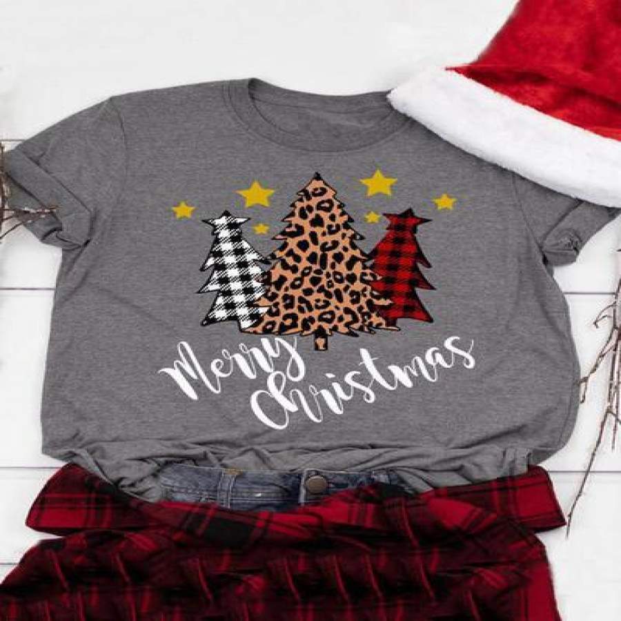 Plaid Leopard Printed Merry Christmas Trees T-Shirt Tee – Gray