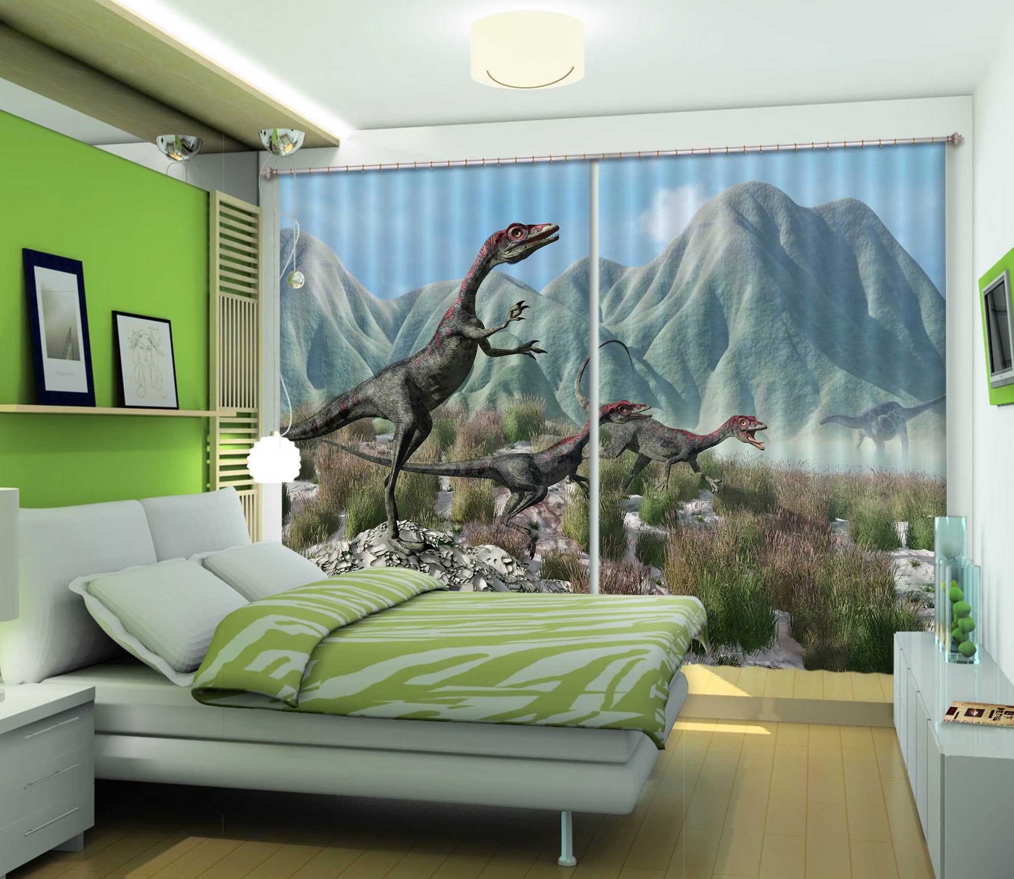 3D Dinosaur With Mountain C011 Blockout Photo Curtain Print Curtains Drapes Fabric Window | 3D Large Photo Curtain, Jess Art Decoration Wallpaper