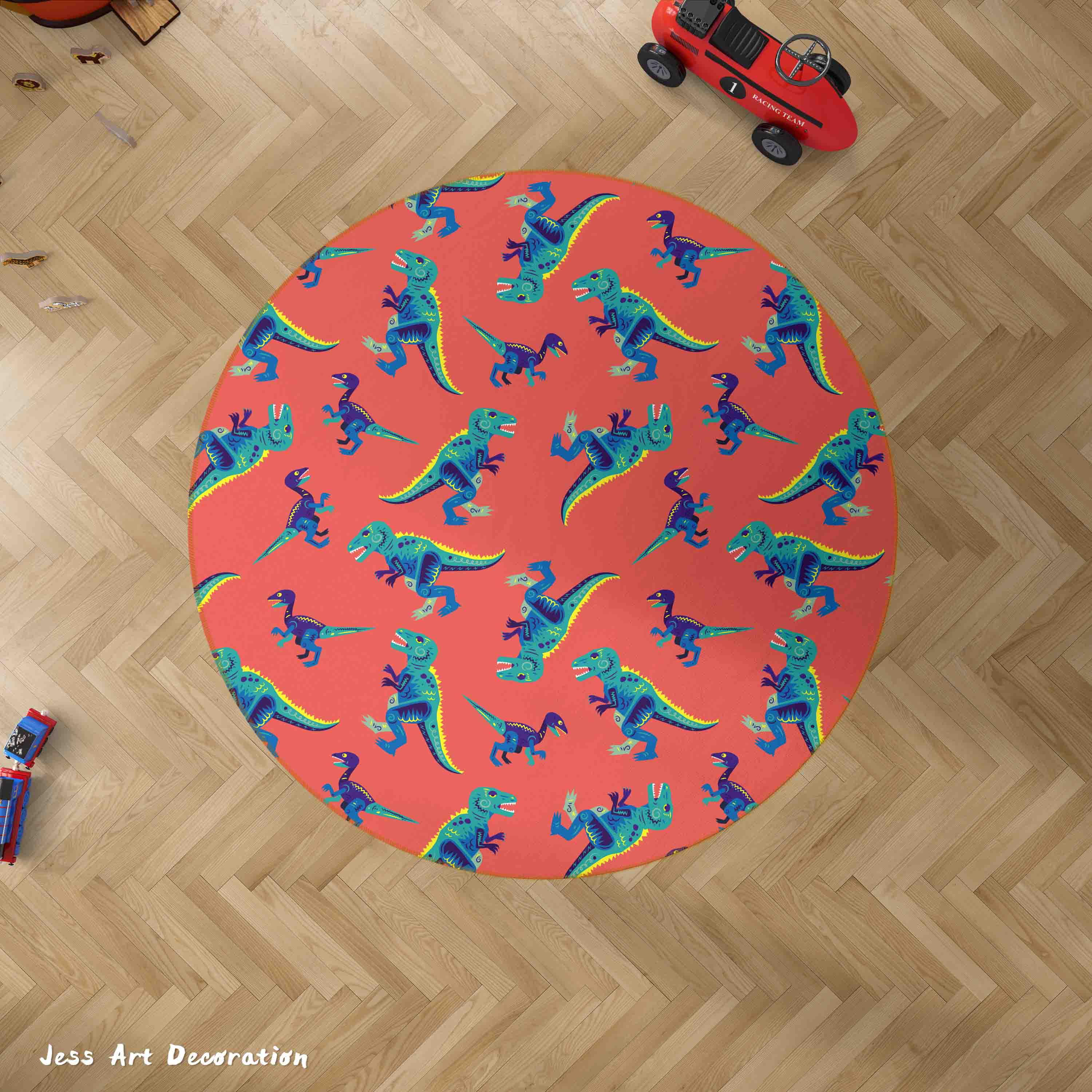 3D Cartoon Animal Dinosaur Red Kids Non-Slip Round Rug Mat 16