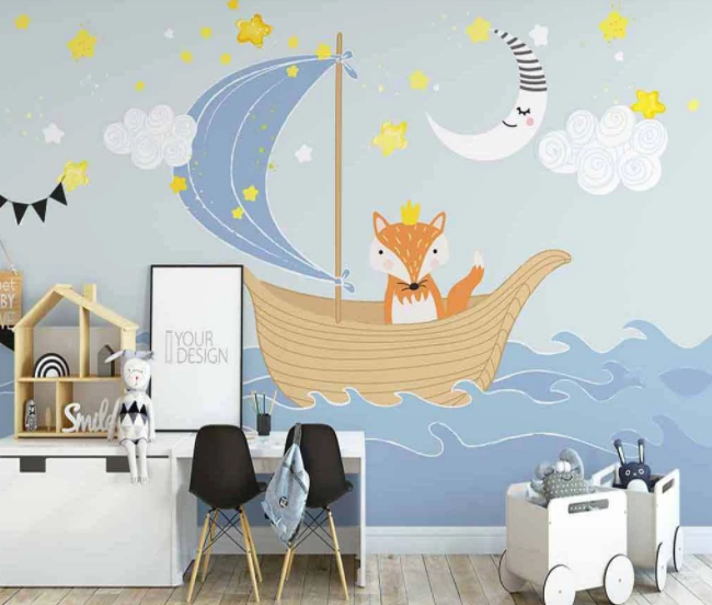 3D Cartoon Ocean Boat Fox Animal Moon Star Cloud Wall Mural Wallpaper Lxl