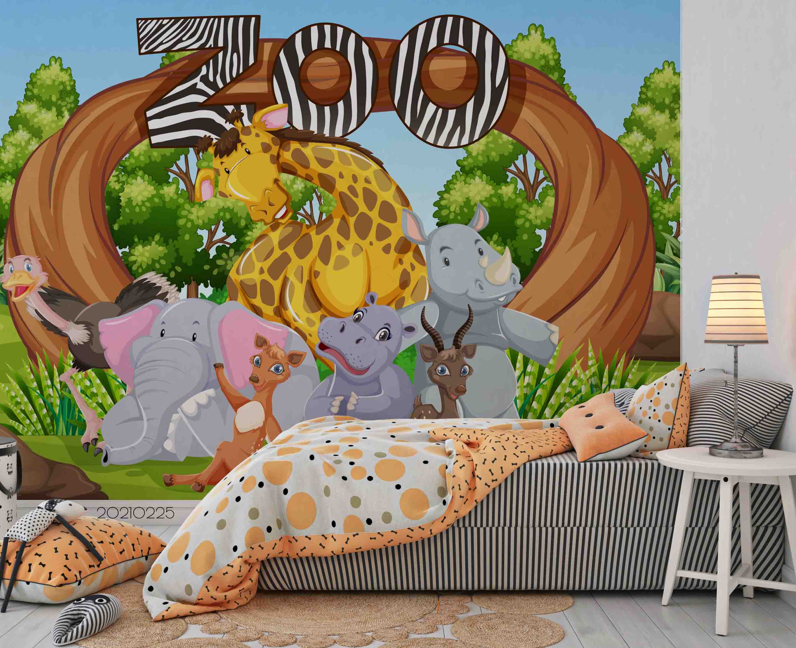 3D Cartoon Zoo Giraffe Elephant Wall Mural Wallpaper Lqh 258