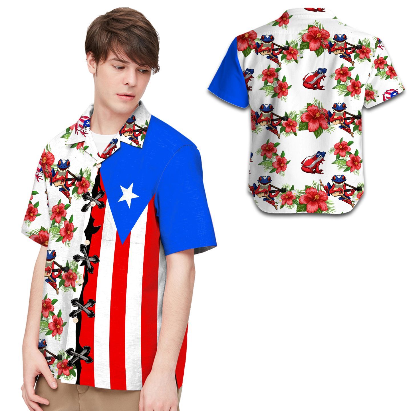 Beach Shirt Puerto Rico Flag Hibiscus Coqui Frog Men Hawaiian Shirt For Puerto Ricans Or Boricua