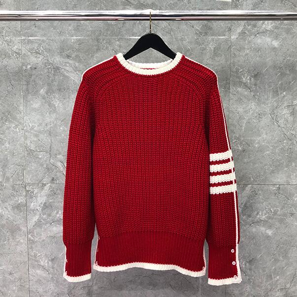 2022 Fashion TB THOM Brand Sweaters Men Women Slim O-Neck Red Pullovers Clothing Striped Wool Cotton Thick Winter Casual Coat alx