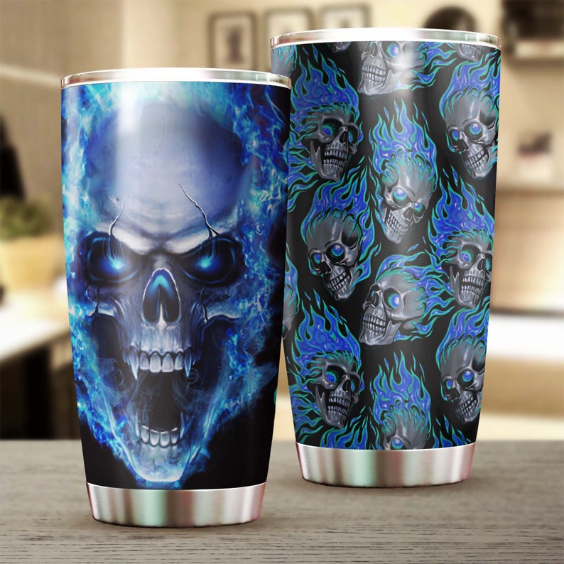 Skull On Blue Fire Cool Fancy Unique Tumbler-Skull Tumbler-Skull Birthday Gift Christmas Gift For Her For Him