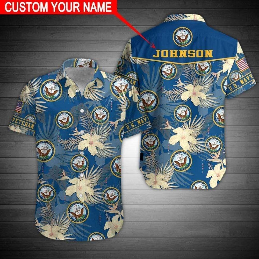 Beach Shirt Custom Name Us Navy Hibiscus Blue Hawaiian Aloha Shirts